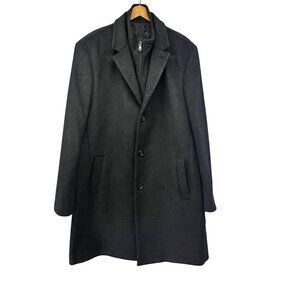 Cashmere Charcoal Gray Black Wool Zip Button Up Lined Long Overcoat Jacket Large